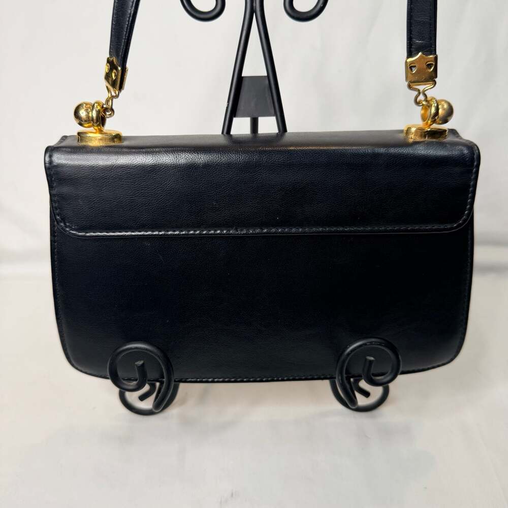 Vintage Black Leather Evening Shoulder Bag with Gold Tone Rope Detail Clasp - Picture 2 of 10